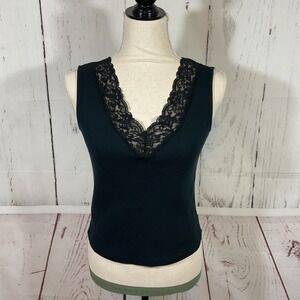 Lauren Ralph Lauren VTG Black Ribbed Lace Trim Tank Top Medium 90s Y2K Feminine